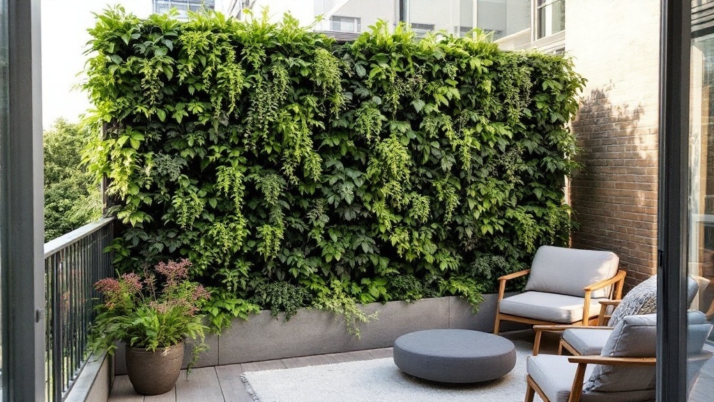 Cozy balcony sitting area with a green wall creating privacy