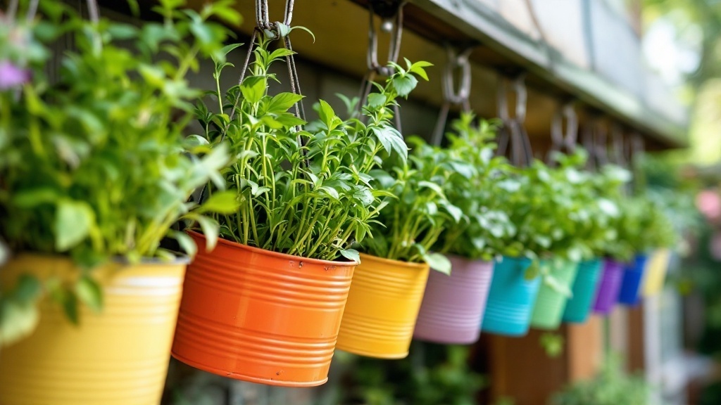 Painted tins used as planters for herbs