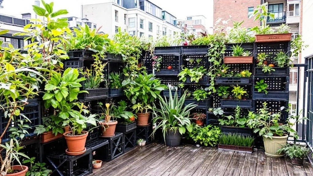 Milk crates used as planters on the balcony