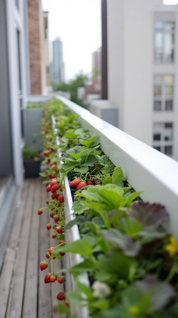 Gutter planters on the balcony railing used for planting strawberries