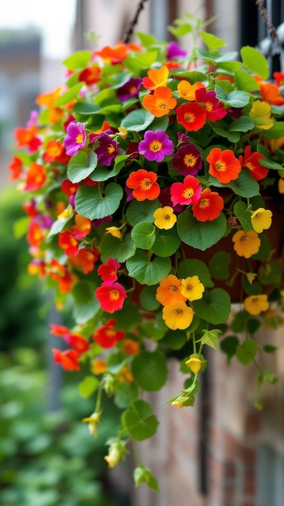 Cascading orange, yellow and purple flowers