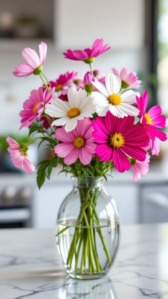 Vase on a kitchen counter with pink and white flowers