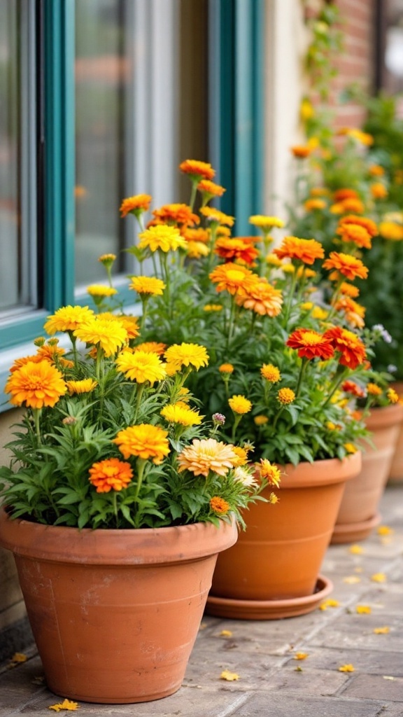 Terracote pots with orange flowers