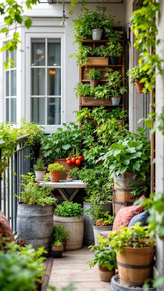 Balcony with vertical containers and repurposed containers growing veggies and herbs.