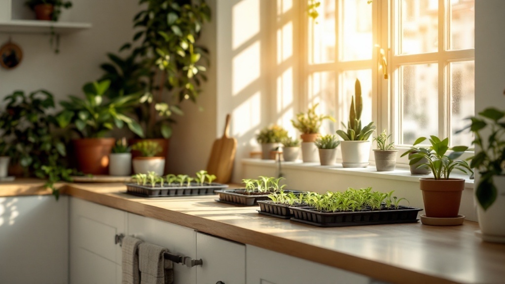 Seed starting station on a kitchen counter in front of a window
