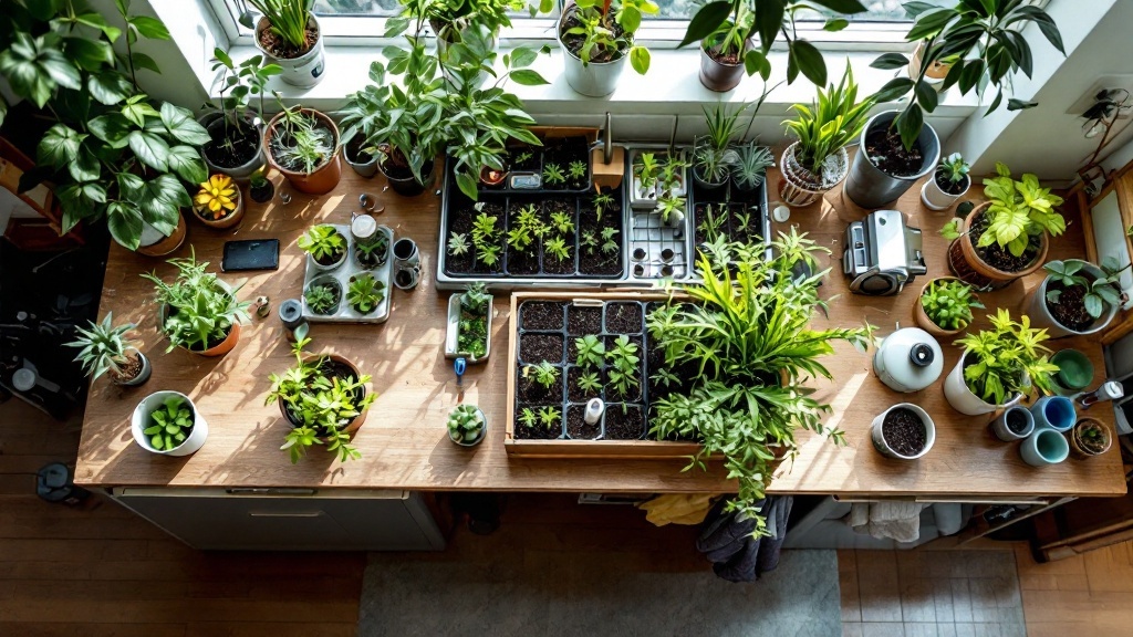 From the top view of a seed starting station on a wooden counter