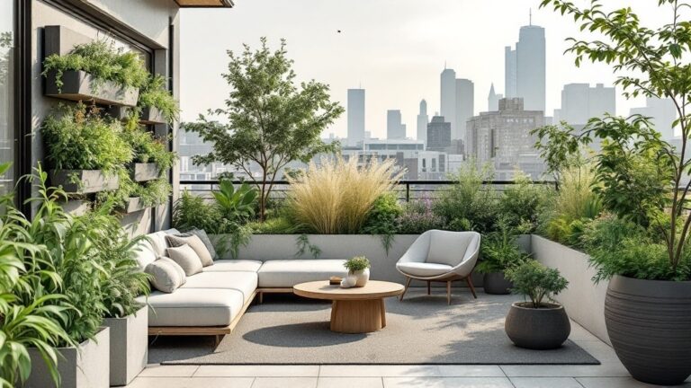 A garden on the balcony overlooking the city, modern aesthetic
