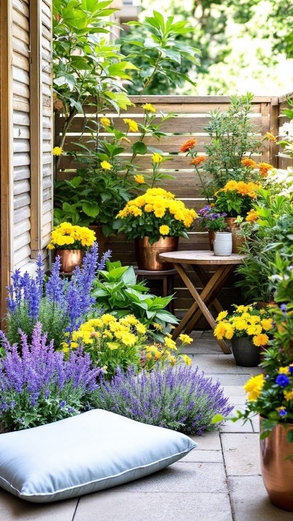 Small patio garden with sitting area, small table and potted flowers, lavender