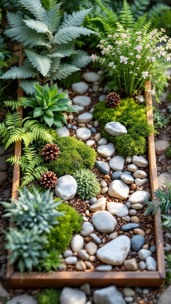 A tray with various tactile elements rocks moss pine cones