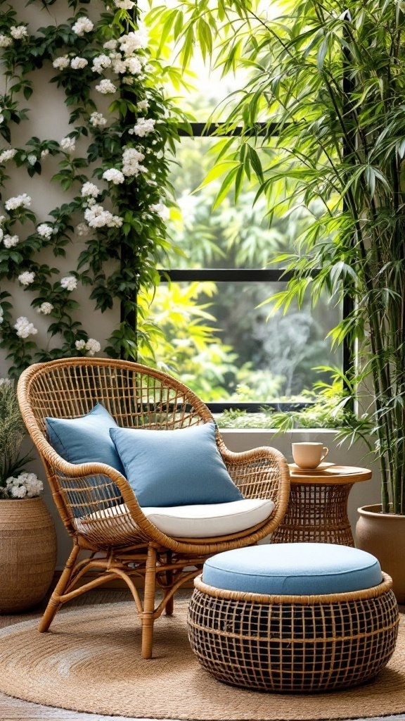 A peaceful seating area with plants around
