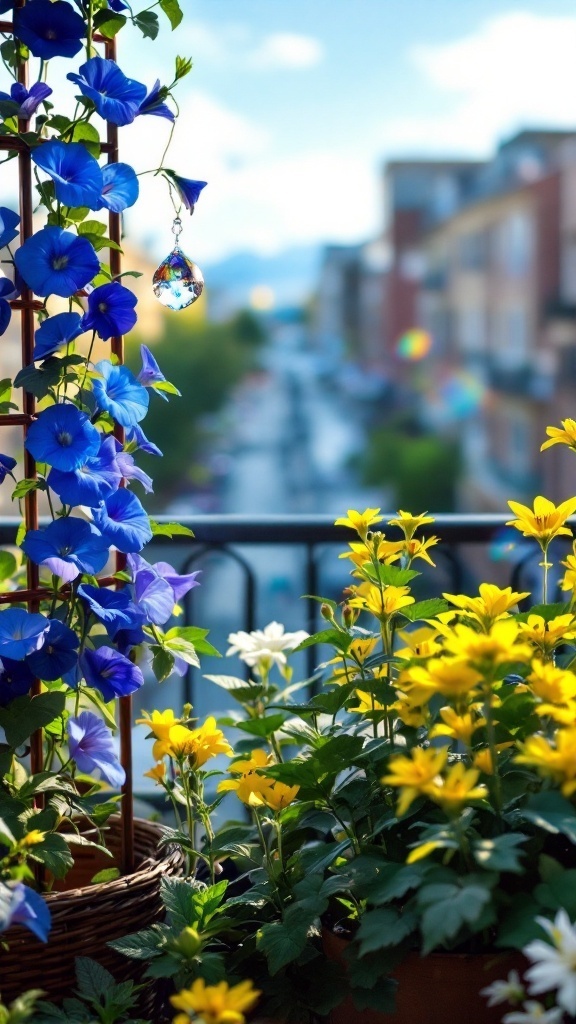 A balcony with climbing plants