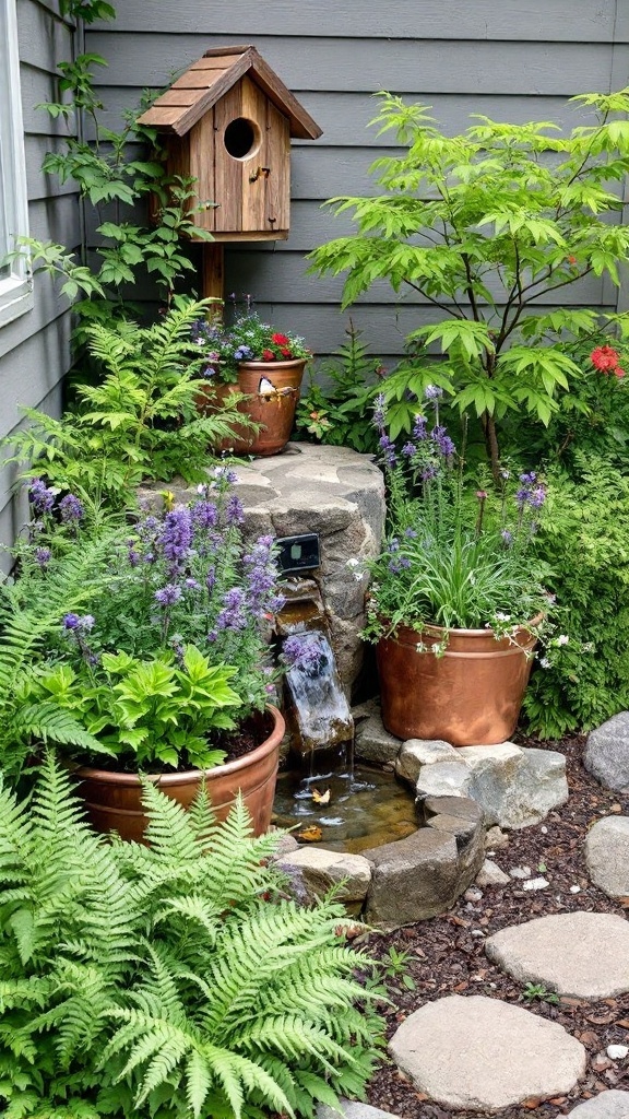 Small patio garden corner with a bird house, a small water fountain and potted plants