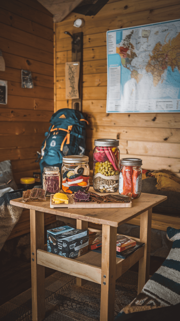 Jars with dehydrated food on a wooden table in a cabin